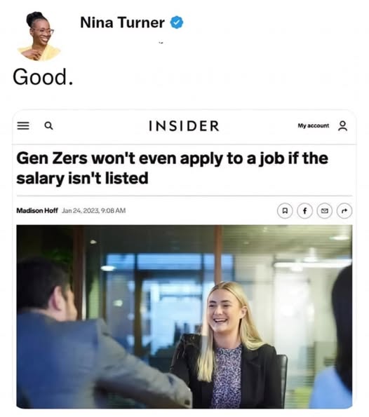 The meme is a screenshot of a news article with the headline "Gen Z's job search strategy: 'I don't want to work'". The article is from a satirical news website and is likely intended to be humorous. The image is accompanied by a quote from the article: "I don't want to work. I don't want to live. I want to die in the most extreme way possible. That's how I live my life."